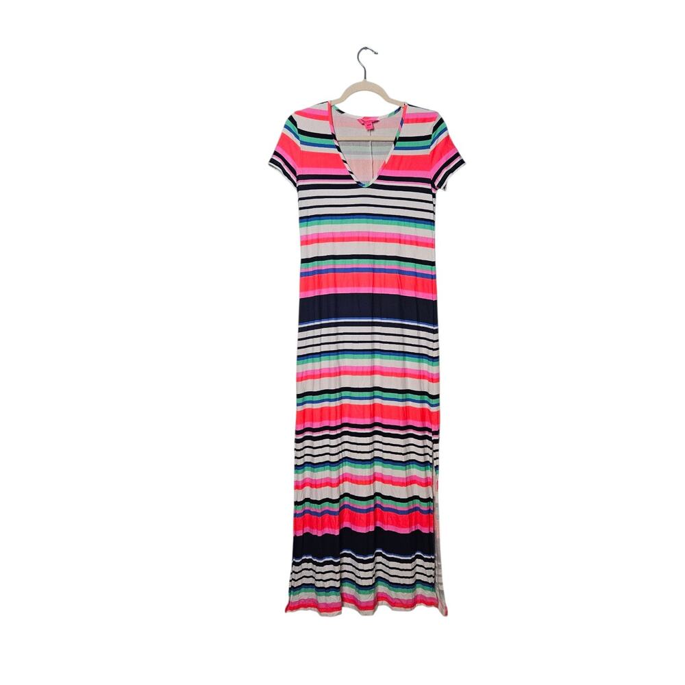 Lilly Pulitzer Multicolored Striped Short Sleeve Maxi Dress Slit Womens Small